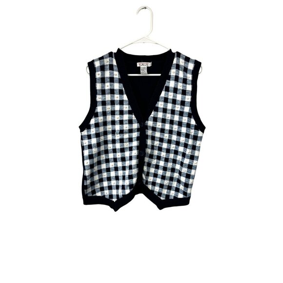 Vintage Talbots Size Medium Blue Gingham Sweater Vest Cotton Beaded - Picture 1 of 6